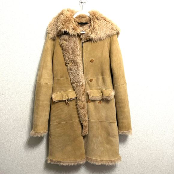 BCBGMaxAzria 100% Leather Sueded Shearling Coat Size Medium Old Money Mob Wife - Picture 3 of 13
